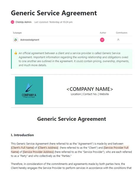 Generic Service Agreement Template By Clickup™ Template By Clickup™