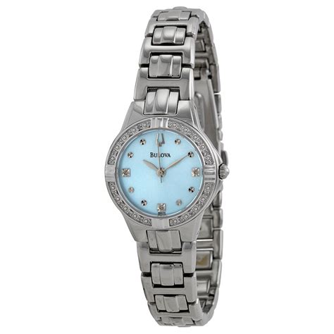 Bulova Diamond Light Blue Dial Stainless Steel Ladies Watch 96R172 ...