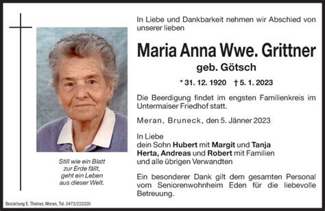 Traueranzeigen Von Maria Anna Grittner Trauer Bz