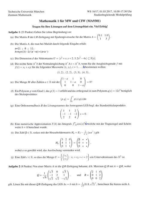 Klausur 1 März Wintersemester 2016 2017 Fragen Höhere Mathematik 1