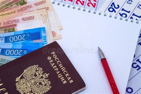 Russian Passport And Russian Money Notepad And Red Pen And Rubles