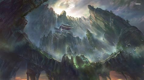 Temple In The Mountains Hd Wallpaper Fantasy Art Fantasy Landscape