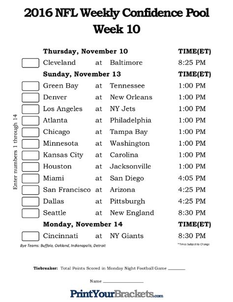 Nfl Week Confidence Pool Sheet Printable