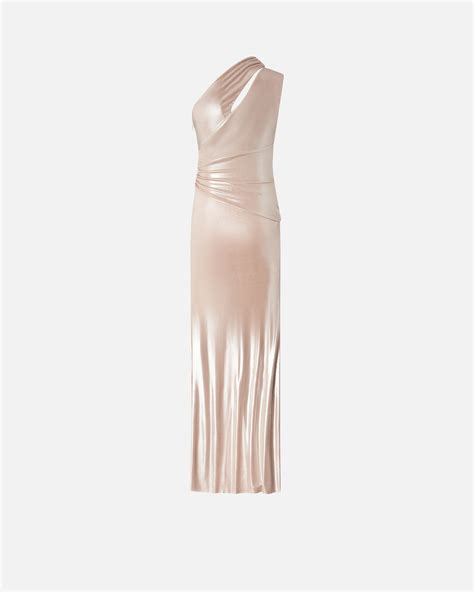 Pinko Elegant Laminated One Shoulder Dress With Slit Nude Silver Pinko