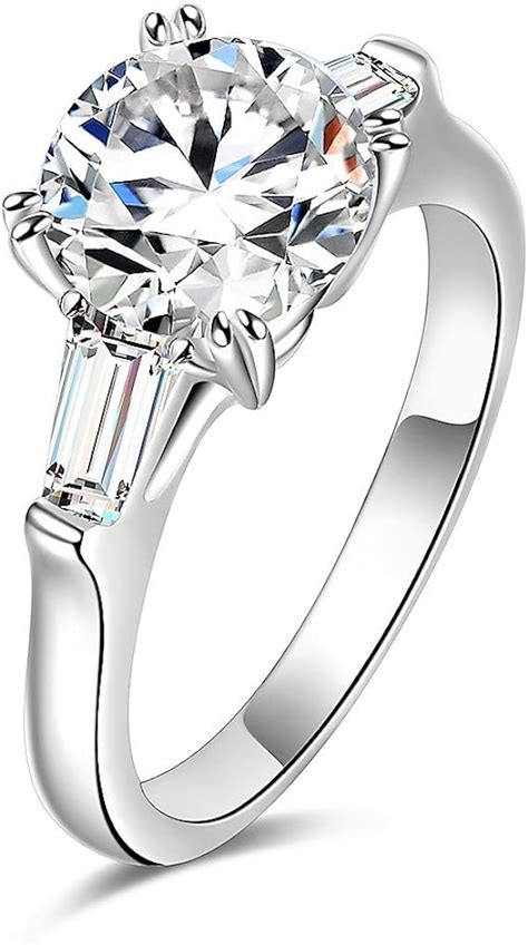 Sterling Silver 2 Carat Cz Baguette Round Solitaire Engagement Ring Bridal Wedding Jewelry