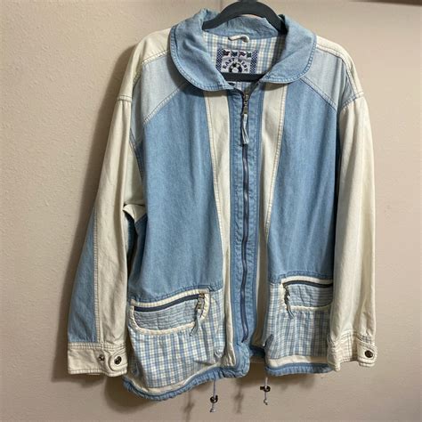 East West Womens Cream And Blue Jacket Depop