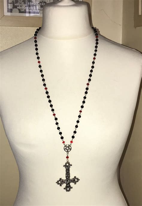 Inverted Cross And Pentagram Rosary Style Necklace Satanic Necklace