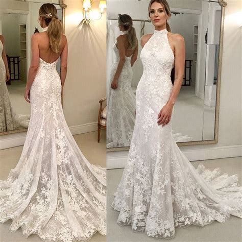 Mermaid Wedding Dress Halter Neck Backless Lace Applique Sweep Train