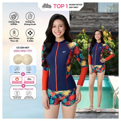 Bộ đồ bơi Nữ BIKINI PASSPORT kiểu Hai mảnh quần short áo tay dài khóa kéo trước Cam BS