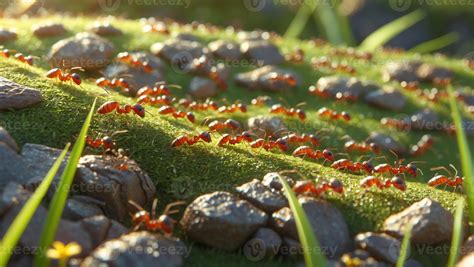 Ants marching across a lush green surface with pebbles under bright