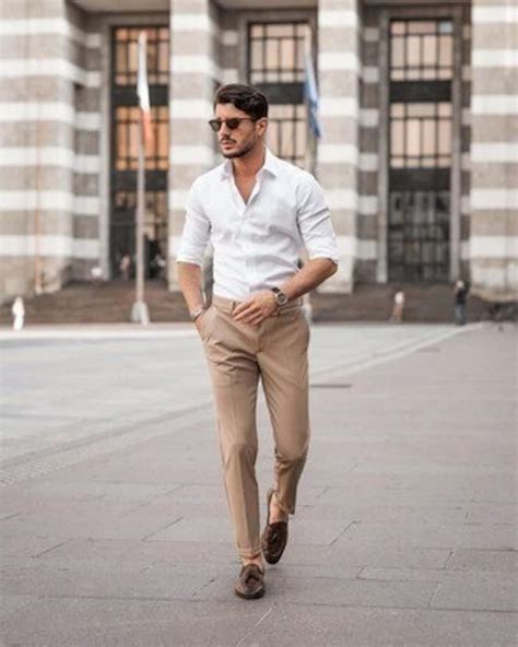 Men Elegant White Shirt Beige Trouser Office Wear Mens Formal Shirt And