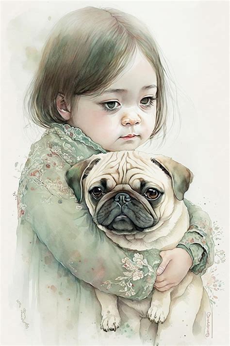 Premium Photo | A painting of a girl and a pug