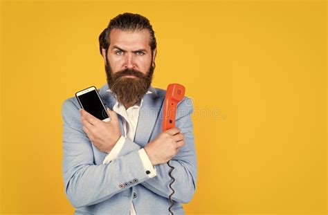 Choose Your World Then And Now Mature Bearded Man Talk On Retro Phone