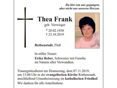 Traueranzeige Thea Frank Rothenstadt Oberpfalzecho