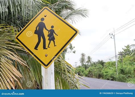 Traffic Yellow Road Sign Warning School Zone Ahead Stock Photo Image