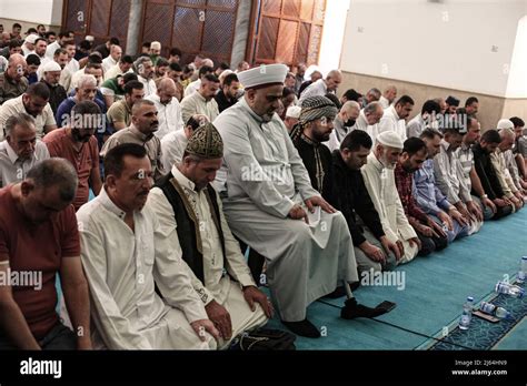 Baghdad Iraq 27th Apr 2022 Muslims Perform The Tarawih Evening Prayers At Sheikh Abdul