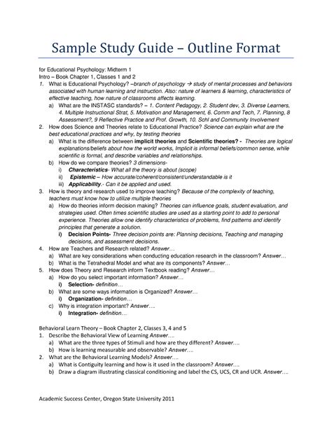 Sample Study Guide Outline Format Academic Success Center Oregon