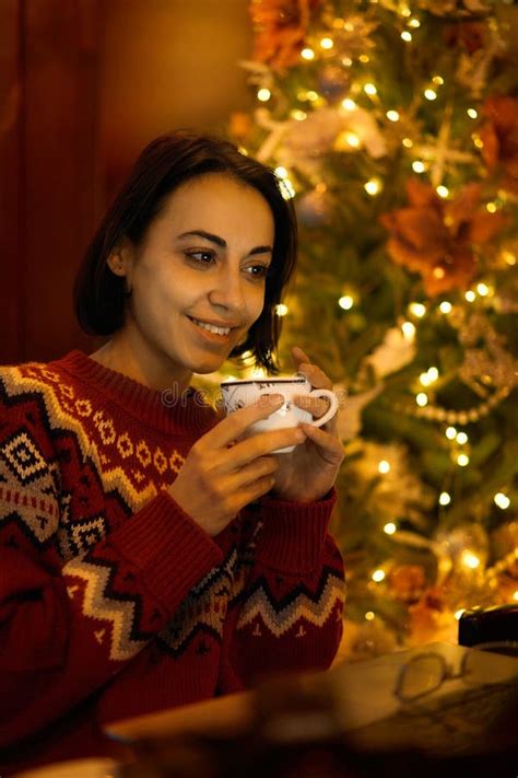 Merry Christmas Woman In Red Winter Sweater Holding Cup With Hot Drink Stock Image Image Of