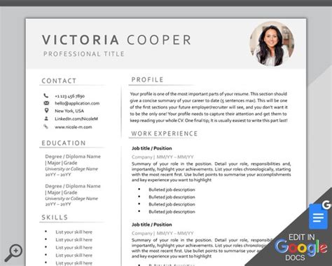 Resume Template Google Docs Cv Template Professional Page Etsy Ireland