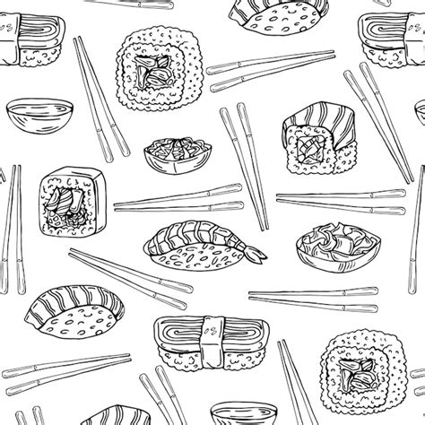 Premium Vector Black And White Sushi Pattern In Doodle Style