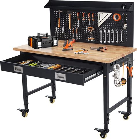 Workbench Adjustable Height 48" x 24" Worktable, Heavy Duty Rubber Wood ...