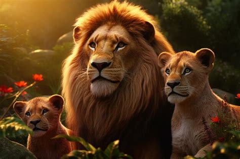 Premium Photo | A lion family and cub in a forest setting