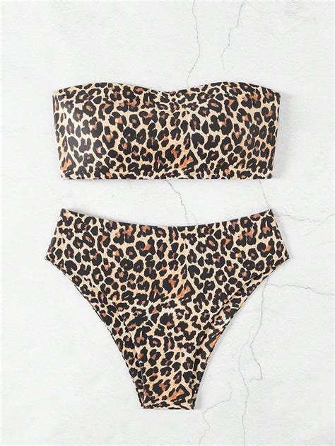 Shein Swim Vcay Women S Leopard Print Bikini Set With Strapless Top And