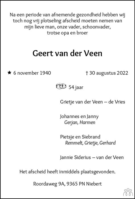 Geert Van Der Veen 30 08 2022 Overlijdensbericht En Condoleances