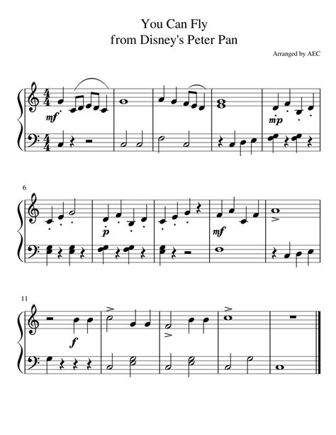 You Can Fly Peter Pan Sheet Music For Piano Solo