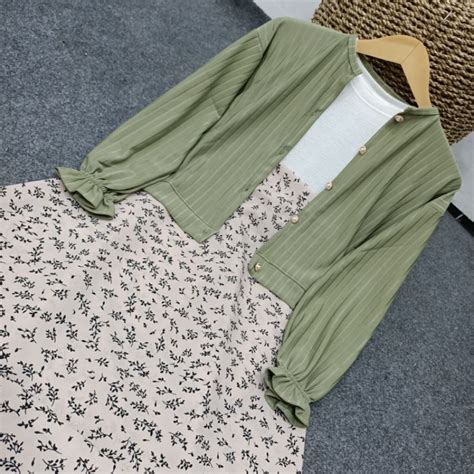 Jual Setelan Oneset Cardi Button Inner Rok Floral Skirt Setealan