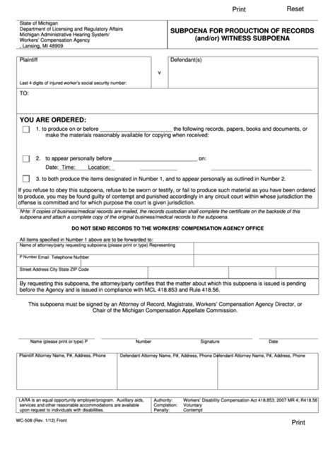 Fillable Subpoena For Production Of Records And Or Witness Subpoena Printable Pdf Download