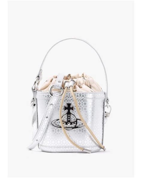 Vivienne Westwood Daisy Silver Leather Drawstring Bucket Bag In White