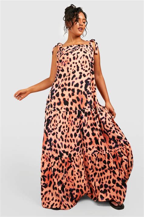 Plus Leopard Tie Detail Tiered Maxi Dress Boohoo Uk