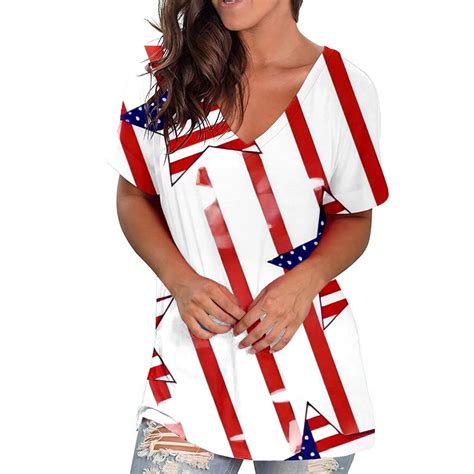 Fozruso 4th Of July Womens American Flag Shirt Short Sleeve Usa 4th Of July Flag Top Loose