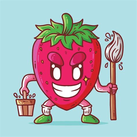 Fruto De Fresa Feliz Lindo Limpiando El Piso Mascota Personaje Vector