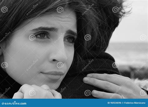 Woman Feeling Alone And Heart Broken Hugging Man Black And White Stock