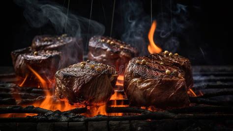 Beef Steaks Sizzling On The Grill With Flames Generative AI Stock