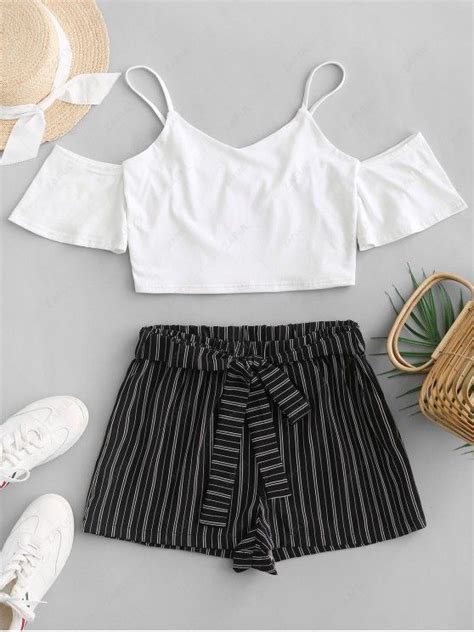 [32 Off] 2021 Zaful Crop Cami Top And Striped Belted Shorts Set In