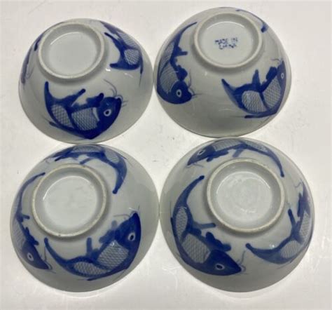 Vintage Chinese Blue White Koi Fish Salad Plates