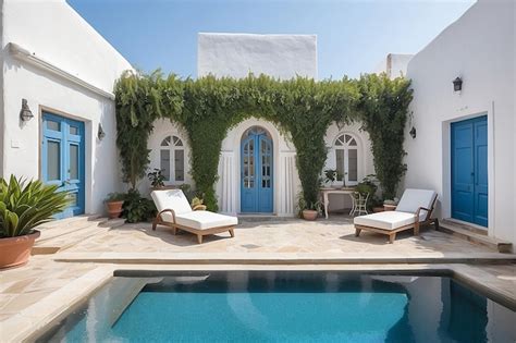 Premium AI Image | Santorini style architecture with armchairs plant ...