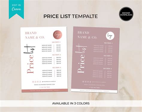 Small Business Price List Template Editable Printable Price Etsy