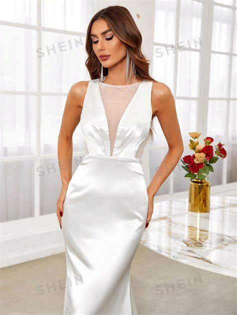 Shein Belle Contrast Mesh Mermaid Hem Wedding Dress Without Veil