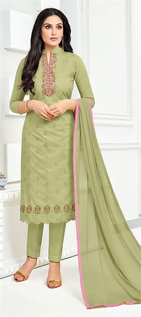 Party Wear Green Color Cotton Fabric Salwar Kameez 1520577