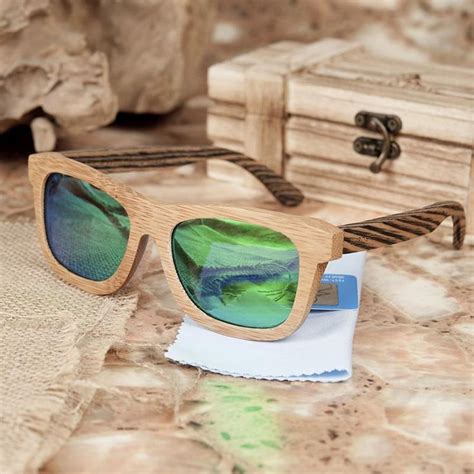 Polarized Square Wood Frame Sunglasses In Wooden T Box Green Blue