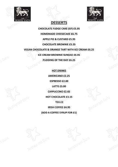 Menu at The White Lion pub & bar, Crewe, 35 Warmingham Rd