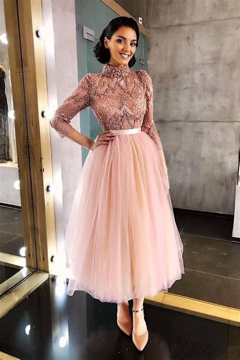 Long Sleeve Pink High Neck Ankle Length Homecoming Dresses Beads Tulle