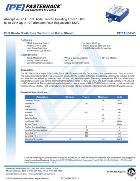 Absorptive Spdt Pin Diode Switch Operating From 1