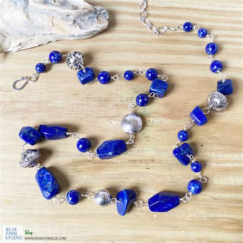 Long Blue Lapis And Pewter Bead Necklace Basket Of Blue