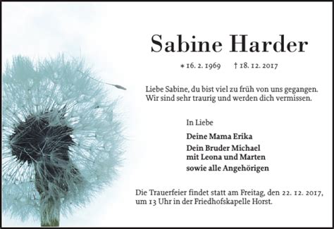 Traueranzeigen Von Sabine Harder Sh Z Trauer