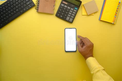 Top View Of Man Hand Using Smart Phone On Office Desk Stock Image